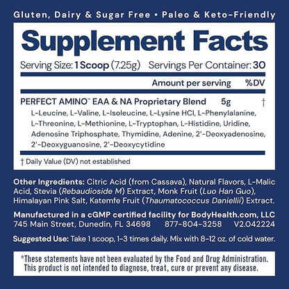 BodyHealth PerfectAmino Powder - BCAA and EAA Powder for Pre and Post Workout - Amino Acid Energy