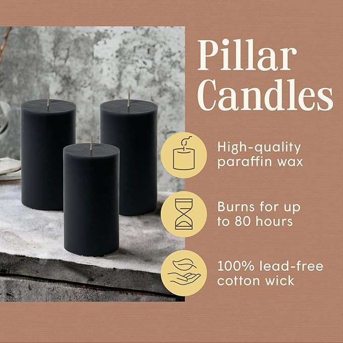 Mister Candle Dripless Unscented Pillar Candles, Set of 3 Hand Poured Black Pillar Candles, Solid