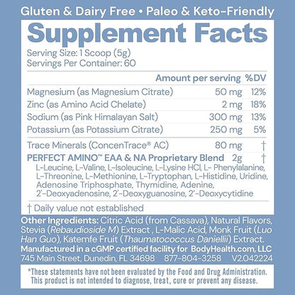 BodyHealth PerfectAmino Electrolytes Powder No Sugar, Keto Sugar Free Fasting Electrolytes Drink