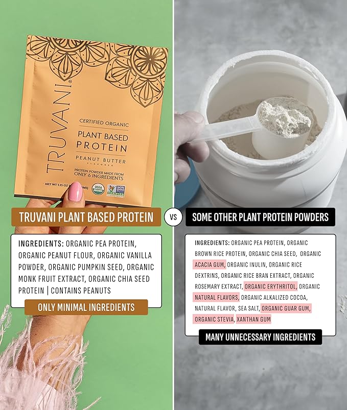 Truvani Vegan Pea Protein Powder | Peanut Butter | 32.7g Organic Plant Based Protein | 1 Serving |