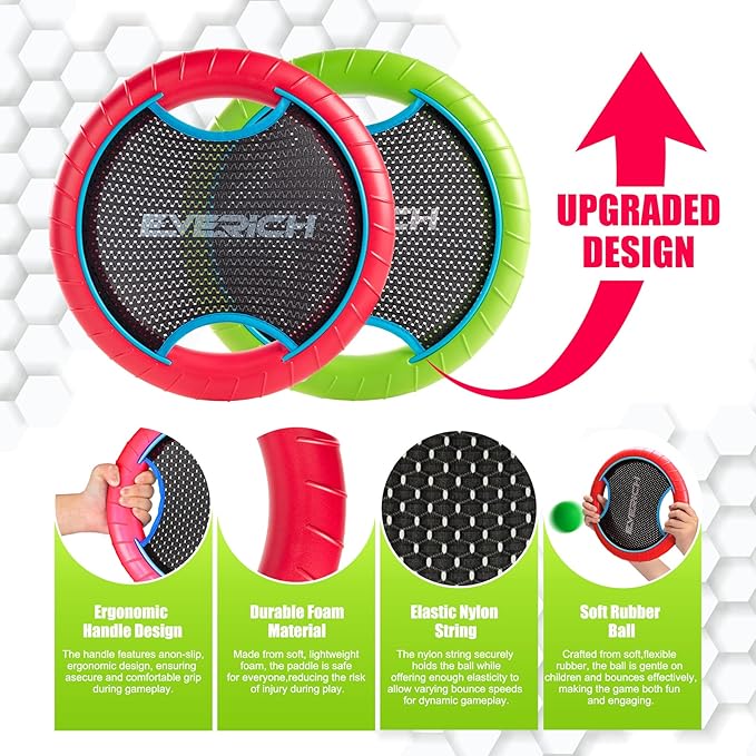 EVERICH TOY Trampoline Paddle Ball Set with 2 Bouncy Paddles & 4 Balls - Soft Foam Design for Kids