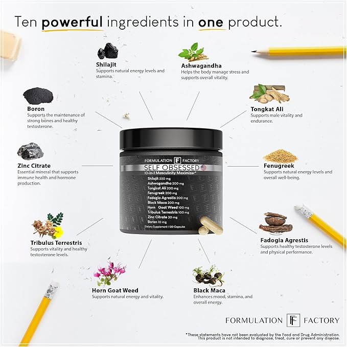 Self Obsessed 10 in 1 Masculinity Maximizer Supplement, Shilajit for Men, Tongkat Ali, Ashwaganda