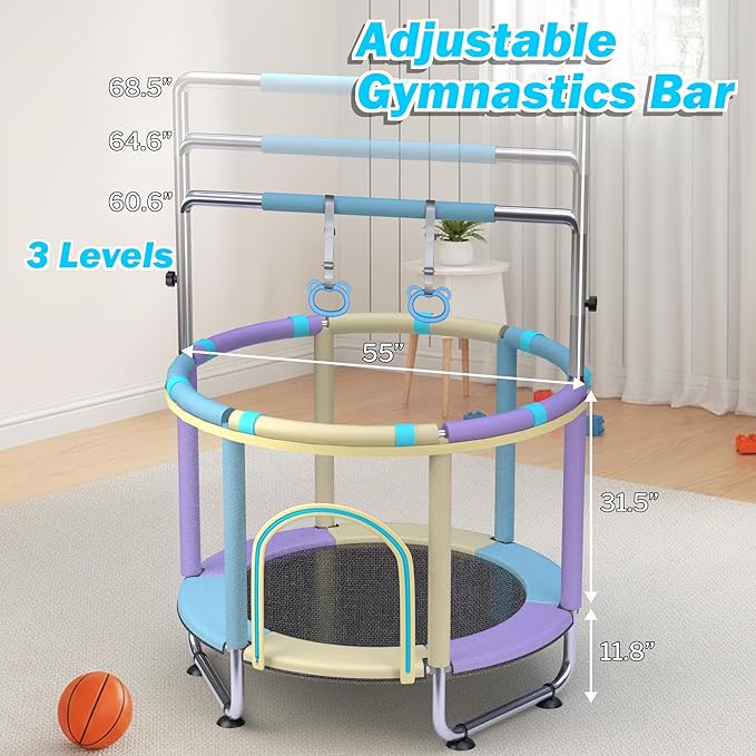 Trampoline for Kids 55inch Toddler Mini Small Trampoline Outdoor Indoor Basketball Hoop, Swing