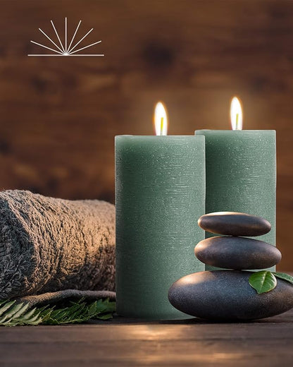 Mottled Pillar Candles by Bask - Set of 6-3" x 6" Dripless Unscented Candles in Dark Green for Home