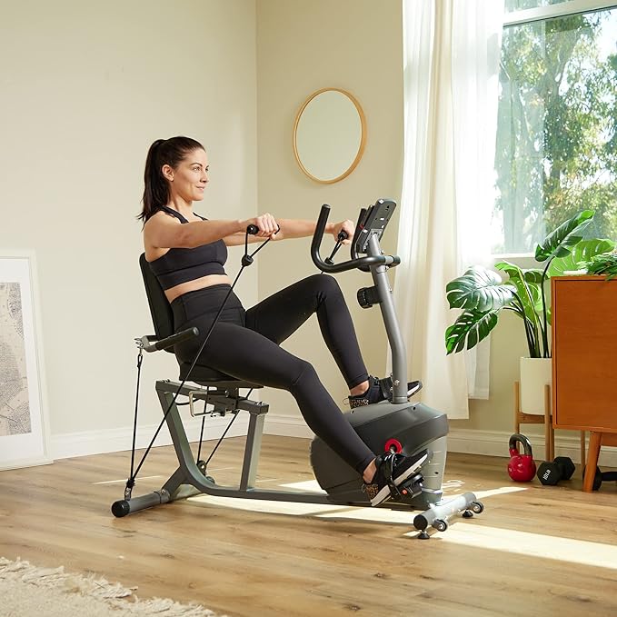 Sunny Health & Fitness Smart Indoor Recumbent Bike Trainer, Home Full Body Workout & Cardio Cycling
