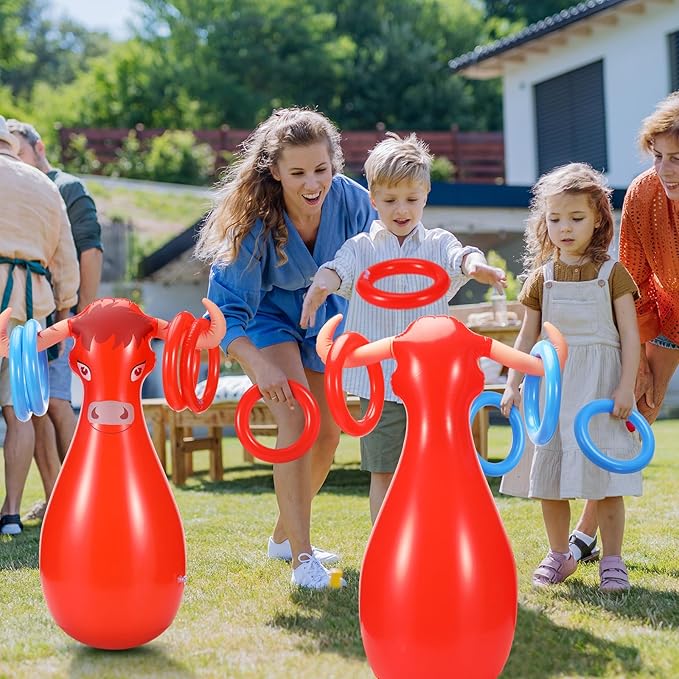 2 Pcs Inflatable Ring Toss Set Include 2 Inflatable Base 12 Rings for Cowboy Fiesta Rodeo Luau