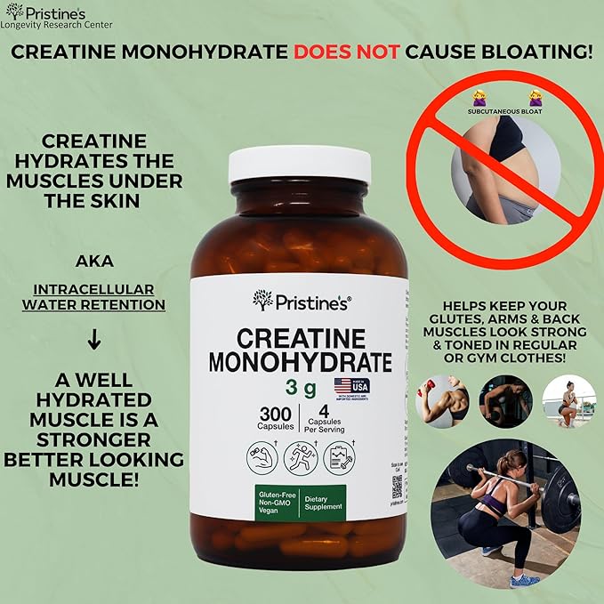 PRISTINE'S Creatine Monohydrate Capsules for Women & Men - NSF Certified 75 Day Supply 3G Muscle