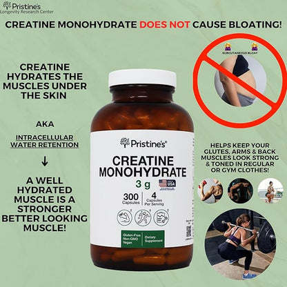 PRISTINE'S Creatine Monohydrate Capsules for Women & Men - NSF Certified 75 Day Supply 3G Muscle
