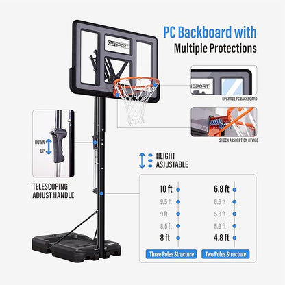 Portable Basketball Hoop Outdoor, 4.8-10FT Height Adjustable Basketball Hoop Goal System with 44/48
