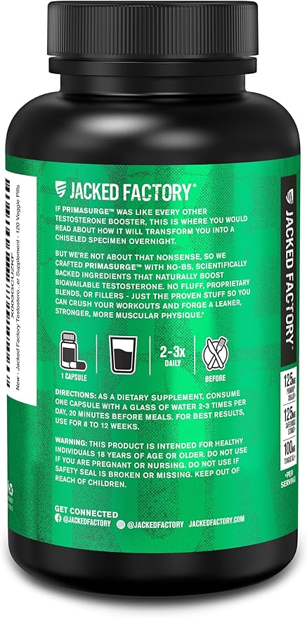 Jacked Factory Testosterone Booster for Men PRIMASURGE - w/Tongkat Ali, PrimaVie, Ashwagandha