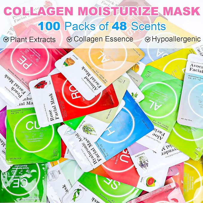 VESPRO 100 Pack Collagen Essence Sheet Facial Masks, Bulk Face Masks Skincare, Hydrating Face Masks