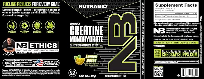 NutraBio Pure Micronized Creatine Monohydrate Powder Supplement, Lemon Burst, (300 g) - Supports