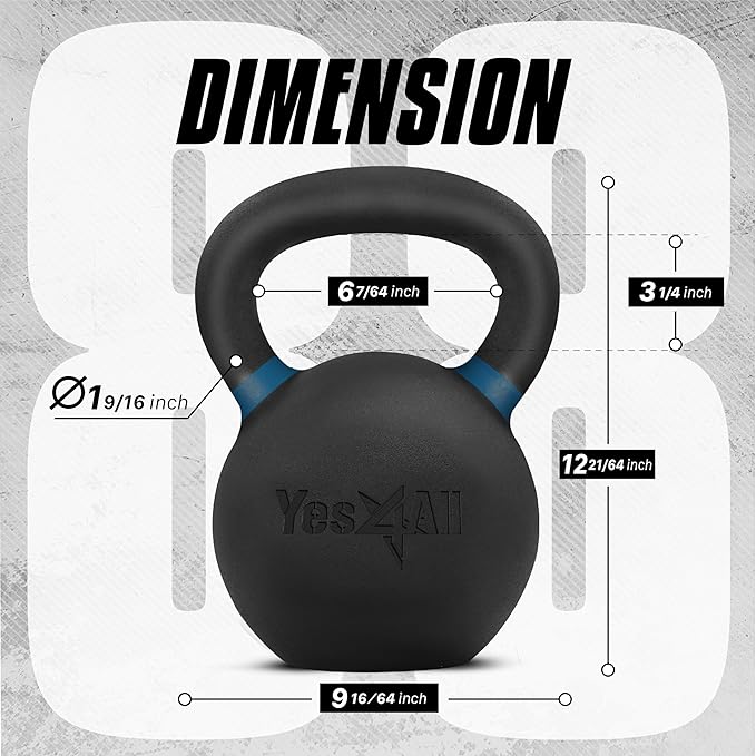 Yes4All Kettlebell, Heavy Duty Powder Coated Cast Iron Kettlebells, Non-Slip Handle & Flat Bottom