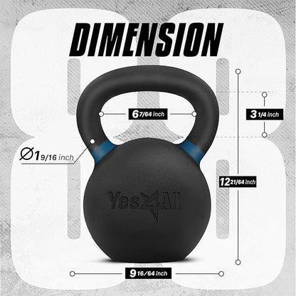 Yes4All Kettlebell, Heavy Duty Powder Coated Cast Iron Kettlebells, Non-Slip Handle & Flat Bottom
