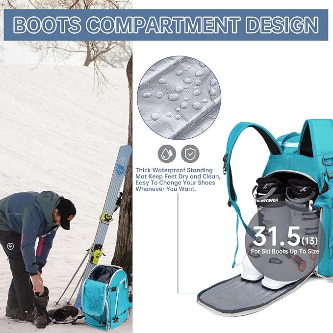 Ski Boot Bag, 50L Ski Boot Travel Backpack for Skis, Snowboard & Accessories, Waterproof Padded Ski