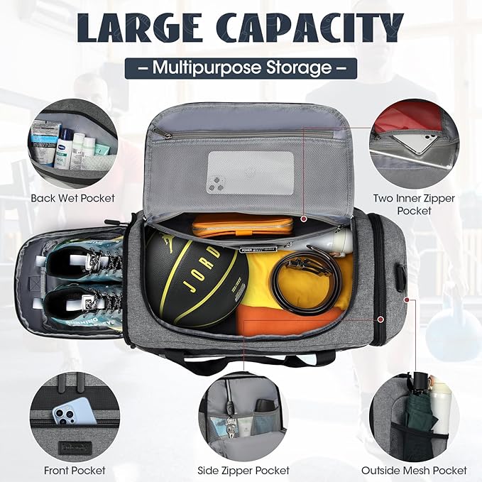 IGOLUMON Gym Bag for Men 55L Sports Duffel Bags Gym Duffle Bag Women with Shoe Compartment & Wet