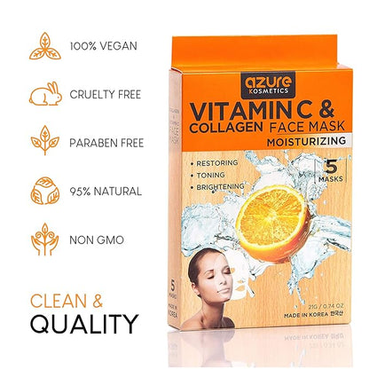 Azure Cosmetics Vitamin C & Collagen Face Mask - Dermatologist Tested, Anti Aging, Hydrating &