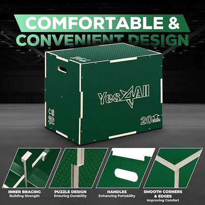 Yes4All 3 in 1 Non-Slip Wooden Plyo Box, Step Up Box for Workout, Plyometric Jump Box for Skipping
