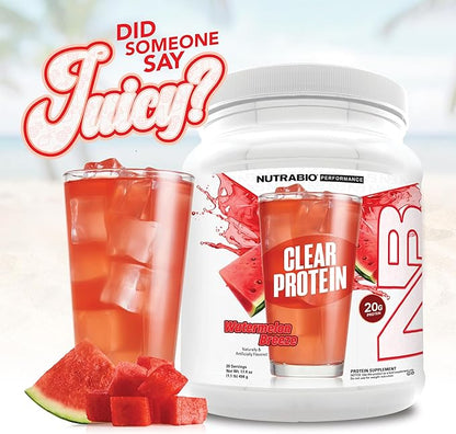 NutraBio Clear Protein Powder, Watermelon Breeze - 20 Servings, 20g Clear Whey Protein Isolate, 0