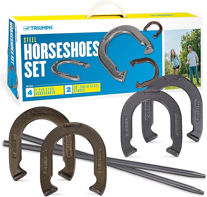 Triumph Forged and Steel Horseshoe Set Complete with 4 Horseshoes, 2 Stakes - Patriotic or Blue and