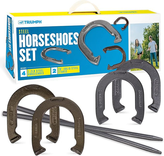 Triumph Forged and Steel Horseshoe Set Complete with 4 Horseshoes, 2 Stakes - Patriotic or Blue and