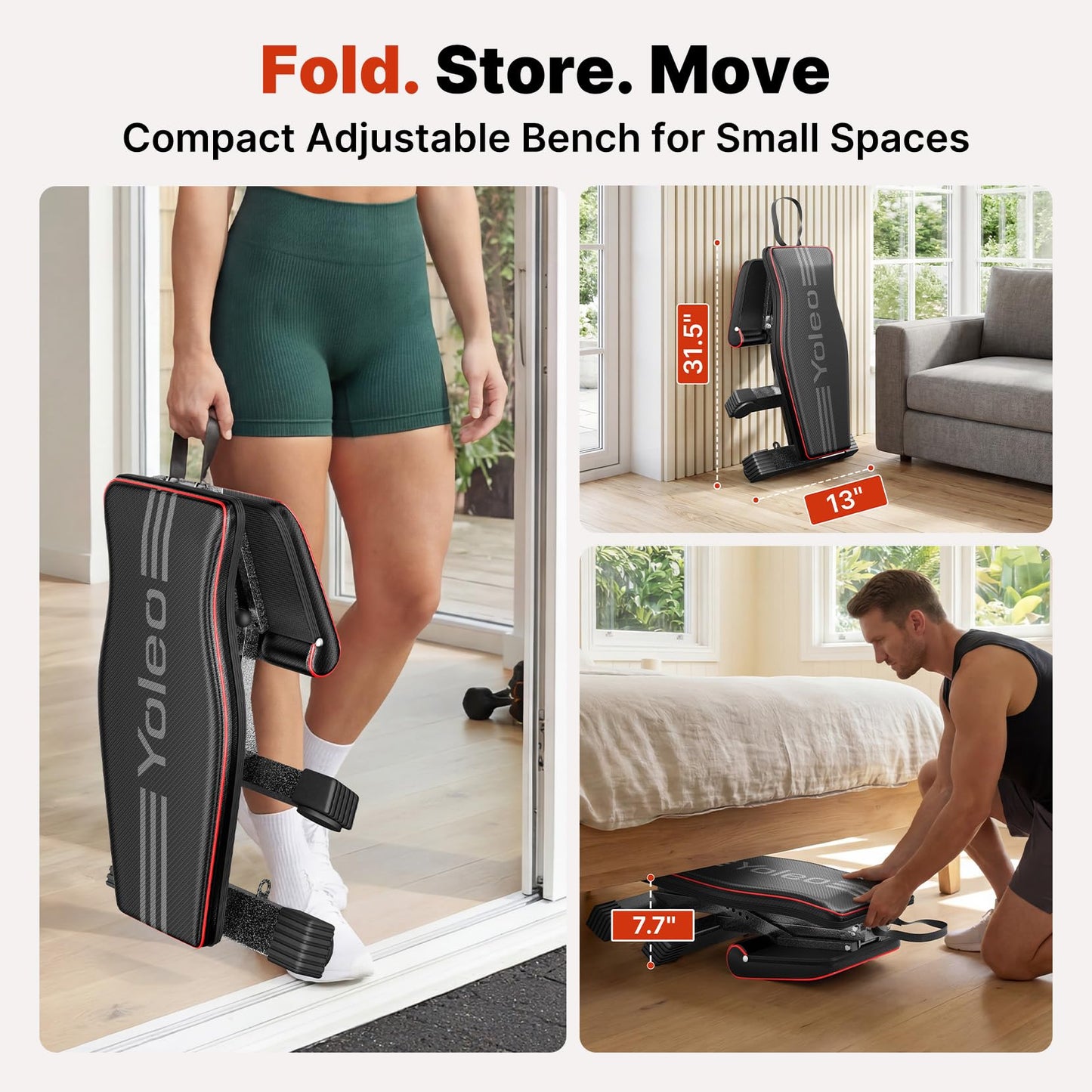 YOLEO Adjustable Weight Bench for Home Gym, ASTM-Certified 827LBS, 98% Pre-Assembled, Foldable Gym