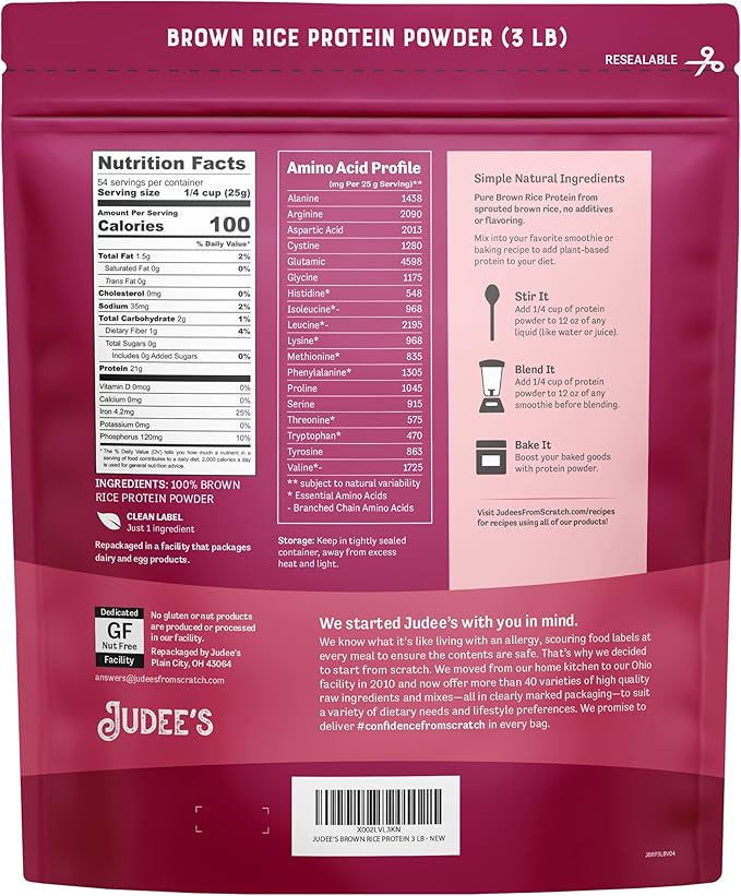 Judee's Brown Rice Protein Powder, (80% Protein) 3 lb - Non-GMO & Sprouted - Keto-Friendly, Dairy
