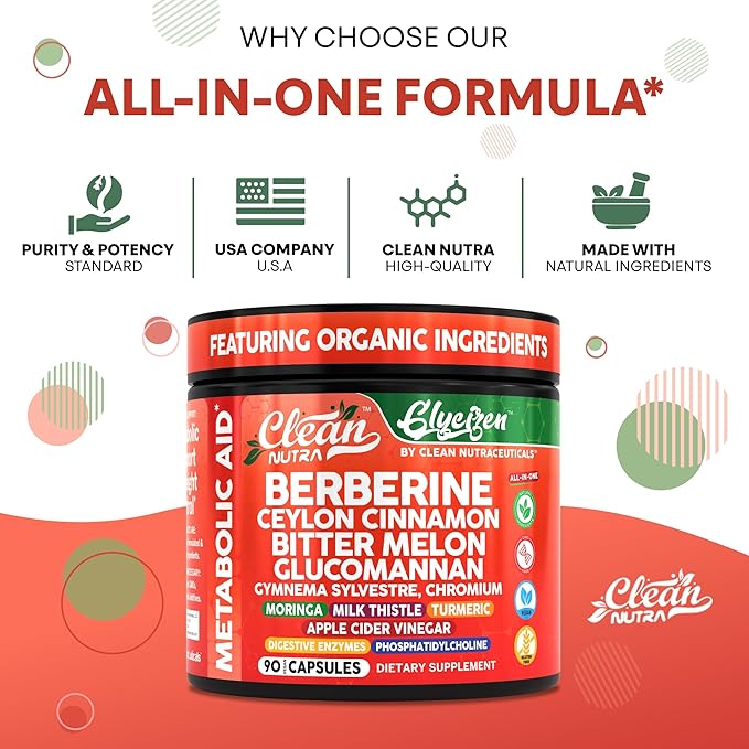 Clean Nutra Berberine and Ceylon Cinnamon Supplement Bitter Melon Glucomannan Gymnema Sylvestre