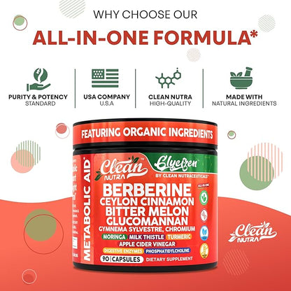 Clean Nutra Berberine and Ceylon Cinnamon Supplement Bitter Melon Glucomannan Gymnema Sylvestre