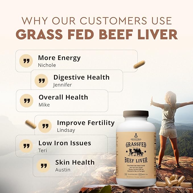 Ancestral Supplements Grass Fed Beef Liver 180 Capsules, Supports Energy Production