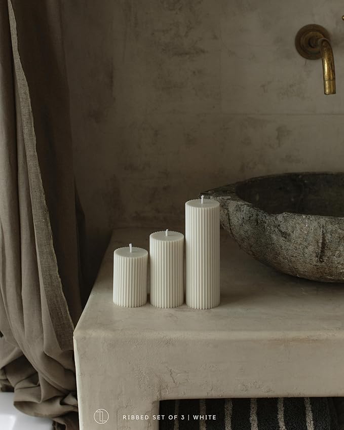 LAWA Roman Handmade Tall Ribbed Pillar Candle - Beautiful Scented Soy Wax Stripped Dinner Candle |
