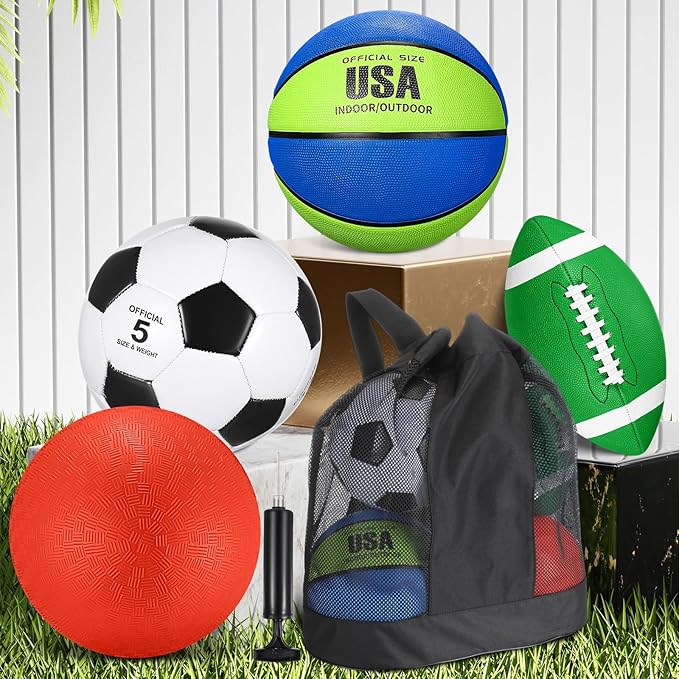 Lenwen 4 Pcs Sports Balls Set, Include Official Size Basketball Soccer Football Playground Ball