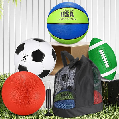 Lenwen 4 Pcs Sports Balls Set, Include Official Size Basketball Soccer Football Playground Ball