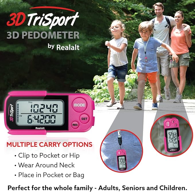 3DTriSport Walking 3D Pedometer with Clip & Strap, eBook Included | 30 Days Memory, Accurate Step