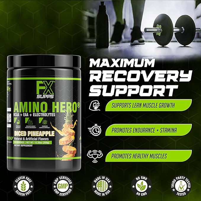 FXSUPPS Amino Hero Diced Pineapple Flavor(25 Servings)|Post-Workout Recovery Drink for Men and