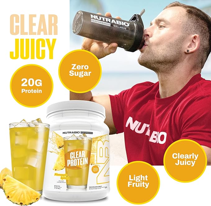 NutraBio Clear Protein Powder, Pineapple Splash - 20 Servings, 20g Clear Whey Protein Isolate, 0
