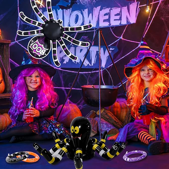 Max Fun Halloween Ring Toss Games for Kids, 2 Pack Inflatable Spiders Set Halloween Party Favor