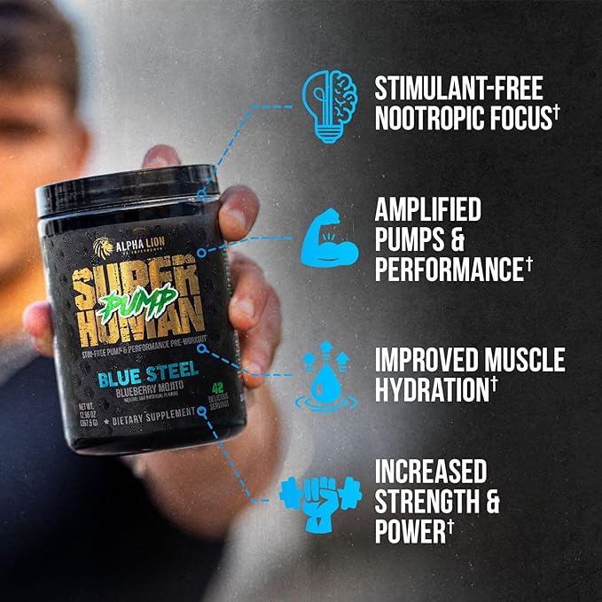 ALPHA LION Superhuman Pump Pre Workout Powder, Nootropic Caffeine & Stim Free Preworkout