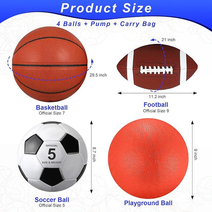 Lenwen 4 Pcs Sports Balls Set, Include Official Size Basketball Soccer Football Playground Ball