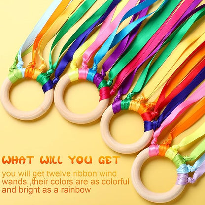 12 Pcs Rainbow Ribbon Wooden Waldorf Toys Creative Waldorf Hand Kite Set Streamers with Wood Ring