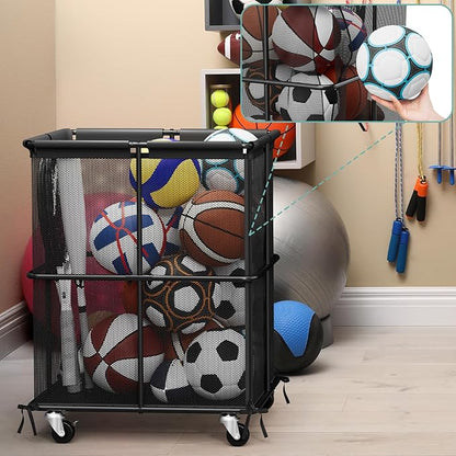 smusei Ball Storage Bin Rolling Sports Ball Storage Cart Garage Sports Equipment Organizer Rack