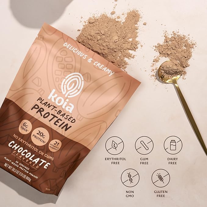 Koia Plant Based Protein Powder, Chocolate, 20g Protein, 3g Sugar, 6g Prebiotic Fiber, Pre & Post