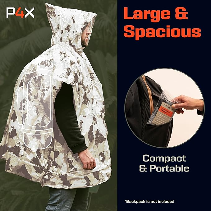 PREPARED4X Emergency Poncho and Mylar Blanket Liner - Waterproof, Wind-Resistant Outdoor Rain