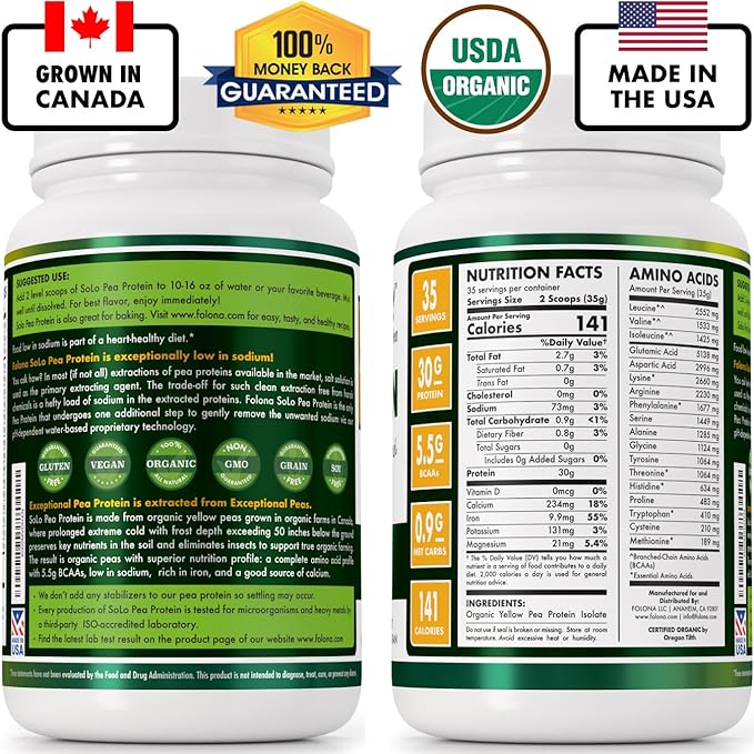 Solo Organic Pea Protein Isolate, Low in Sodium, Canada Grown Peas, 100% Vegan, Non-GMO, Unflavored