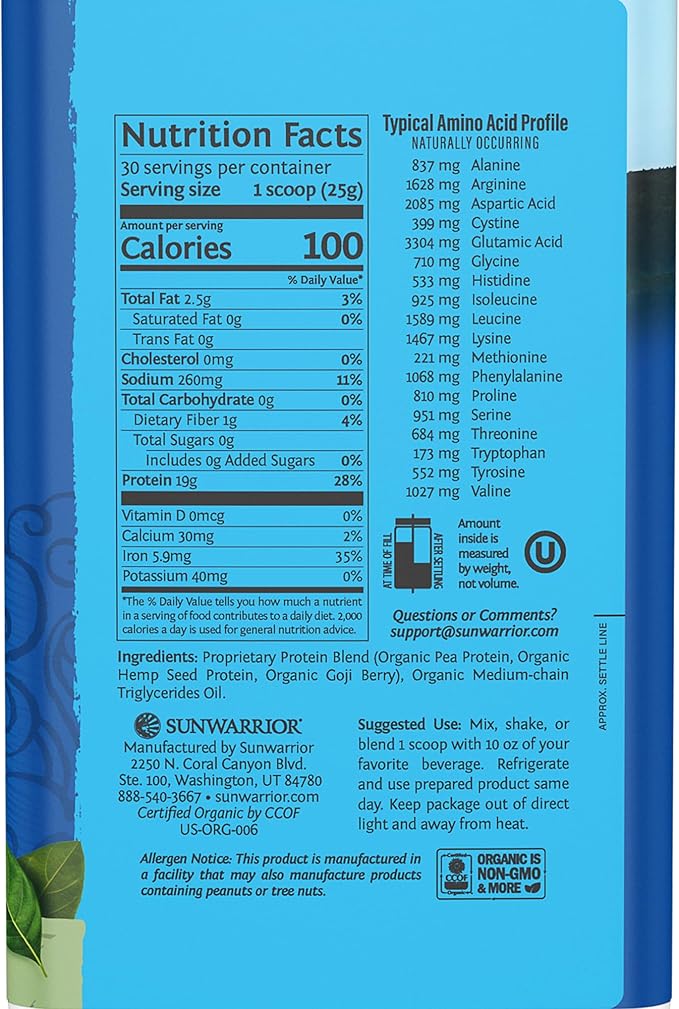 Vegan Organic Protein Powder Plant-based | BCAA Amino Acids Hemp Seed Soy Free Dairy Free Gluten