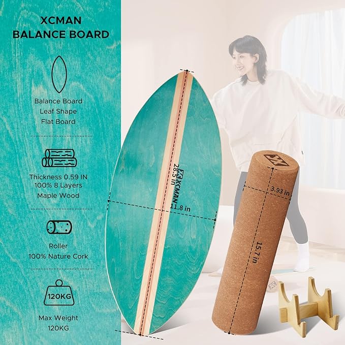 XCMAN Surf Balance Board Trainer with Roller Wooden Exercise Balancing Stability Trainer - Non Slip