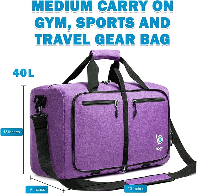 Bago Foldable Duffel Bags for Traveling Women & Men - 40L Sports Packable Duffle Bag for Travel