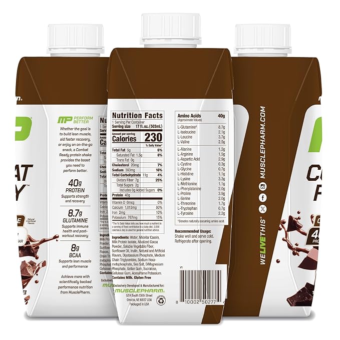 MusclePharm Combat Ready High Protein Shakes Ready to Drink, 40g Protein, 8g BCAAs, 8.7g Glutamine