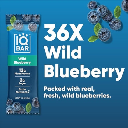 IQBAR Brain and Body Plant Protein Bars - Wild Blueberry - 36-Count Low Carb - Gluten Free, High