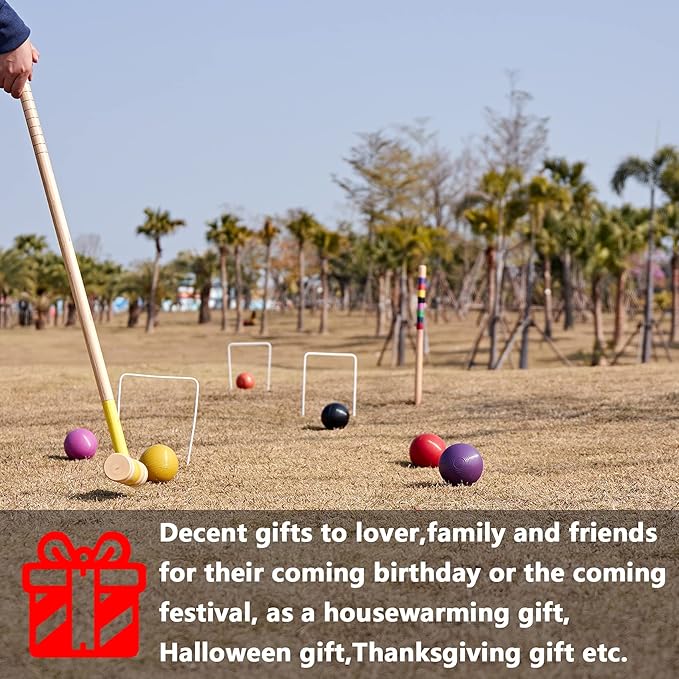 8 Players Croquet Set with 32In Regulation | 28In Standard Size Rubber Wood Mallets, Colored PE